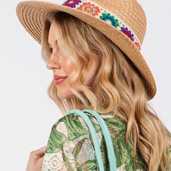 Crochet Boho Banded Straw Cowgirl Cowboy Sun Hat NEW - Picture 2 of 4